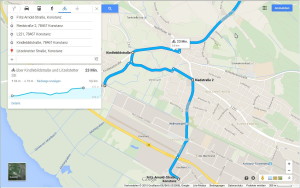 Berchengebiet Konstanz mit Fahrradroute bei Googlemaps und Höhenangabe