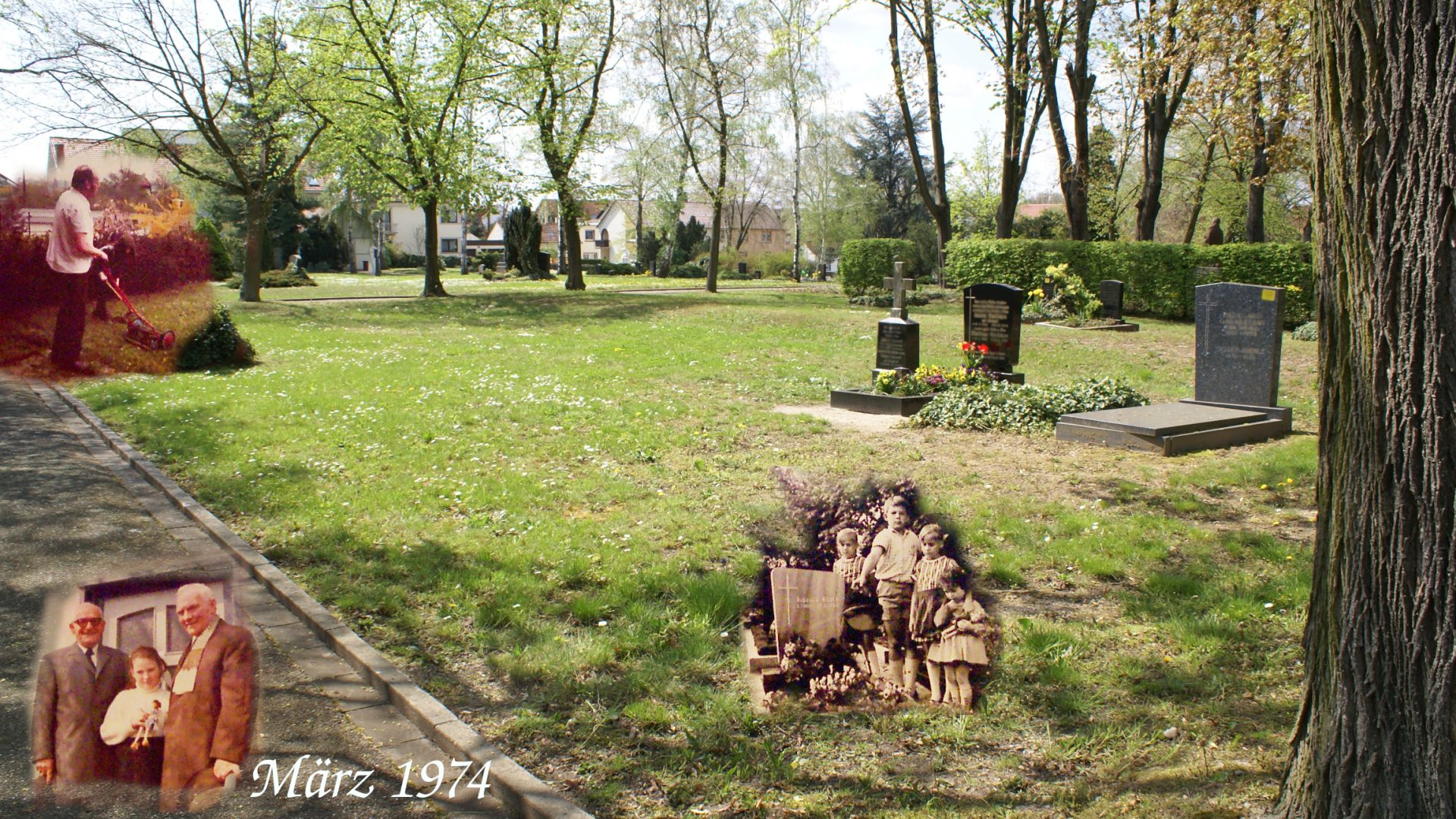 Bild eines bereits weitgehend nicht mehr genutzten Friedhofs an einem sonnigen Sommertag. Ins Bild eingebunden Fotos aus den Jahren 1967 mit Kindern an einem Grab und von 1974 ein Mädchen mit zwei älteren Herren und ein Bild eines einzelnen Mannes.