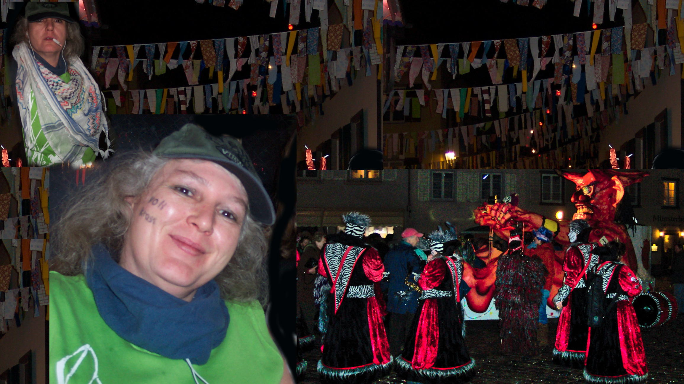 Collage zweimal eine Frau im Chabokostüm, einmal grimmig schauend, einmal strahlend, im Hintergrund nachts mit Fasnetsbändeln, beleuchtetem Teufelswagen, Menschen in Kostümen