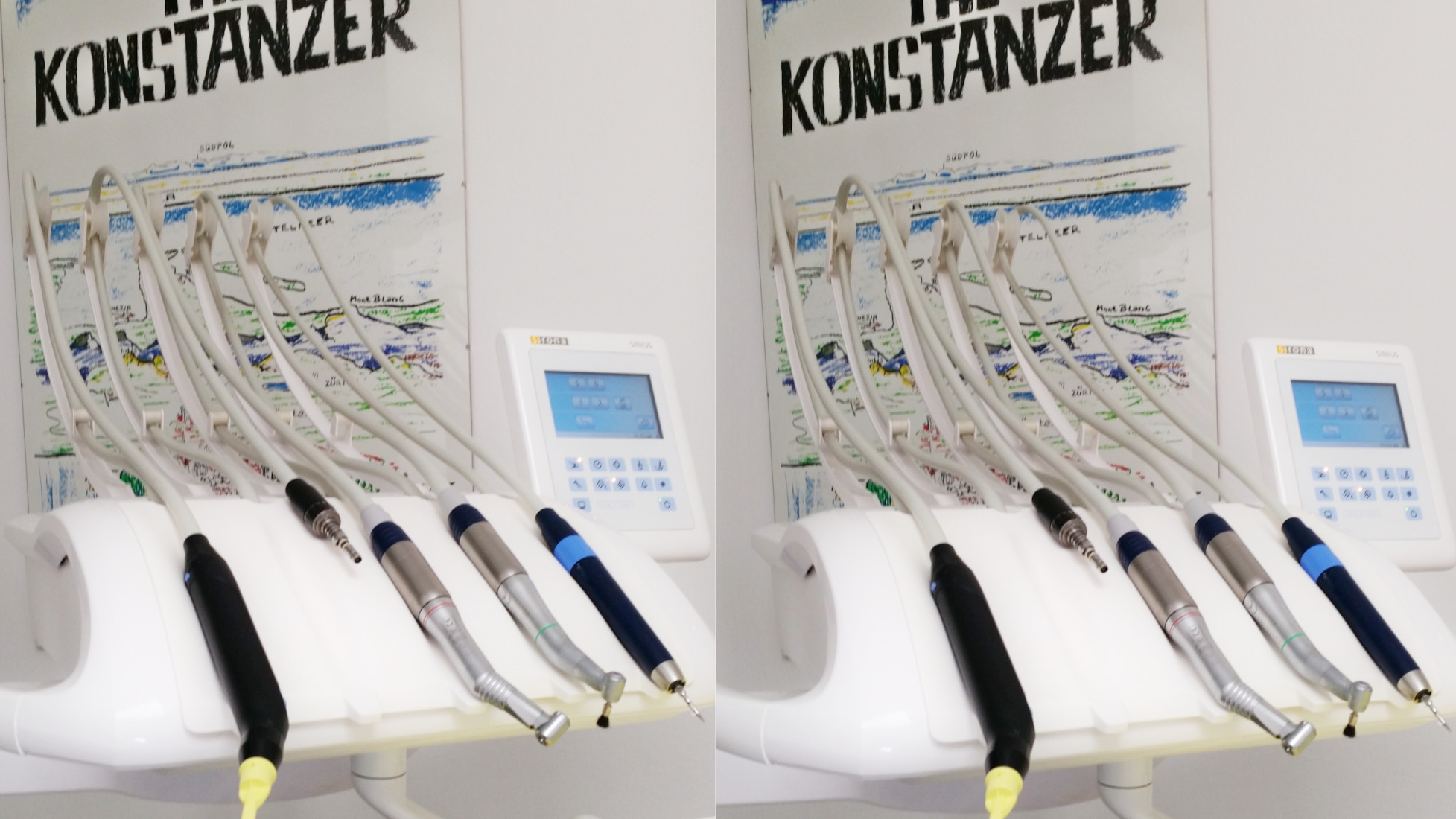 Zahnarztpraxis die Instrumente im Hintergrund ein gezeichnetes Bild "The Konstanzer" ganz oben der Südpol, davor die Alpen